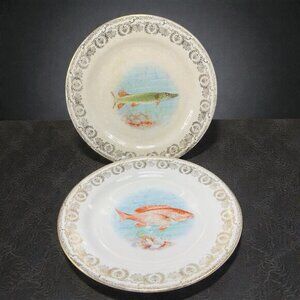 Antique Edwin M Knowles Vitreous 9inch Plates Dishes‎ Set Fish Pattern Different